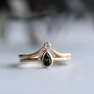 Juego de esmeralda lágrima diamante creado en laboratorio Art Deco aniversario acabado oro 14k - Imagen 1 de 4