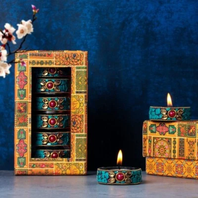 Juego de 6 velas de luz de té de trabajo de piedra de madera para decoración del hogar Diwali artesanales Foto 1 de 4