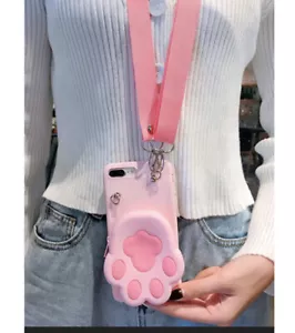 Pink Cartoon Cat Paw Design Wallet Phone Case For iPhone 12 Pro Max With Lanyard - Picture 1 of 7