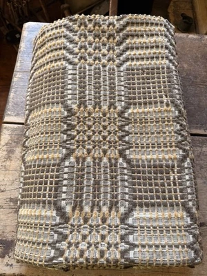 Antique Handmade Overshot Coverlets Center Seam Textile Drab Brown Green Mustard - Image 1 of 4