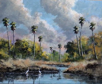 Tropical Florida River Palms Landscape Painting by Artist Stan Prather 16x20 - Image 1 of 3