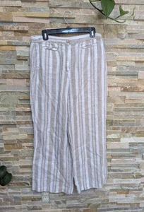 Tahari Damen Hose weites Bein 100 % Leinen hellbraun/weiß luftig gestreift Größe 10 - Bild 1 von 4