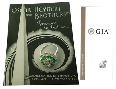 OSCAR HEYMAN Diamond D VS1 Green Emerald Platinum Cluster Ring GIA + Book - Image 1 of 4