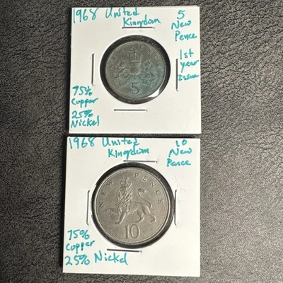 1968 🇬🇧 Great Britain  5 & 10 New Pence 5 Pence 1st Year Issue  Non Magnetic - Image 1 of 4