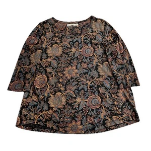 Peruvian Connection Top Women Size M Floral Swing Tunic Pima Cotton Black Blouse - Picture 1 of 6