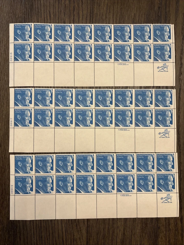 1770 MNH Matched set of 3 Plate Blocks of 16 - Robert Kennedy - Plate #38918 - Image 1 of 1