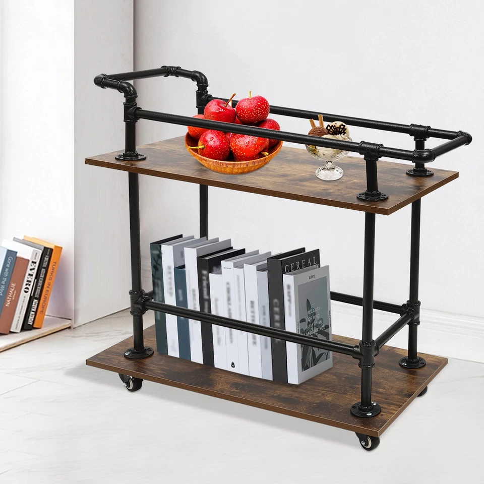 Carro de bar mesa de centro industrial de 2 niveles carro ruedas ruedas estante para vino Foto 1 de 4