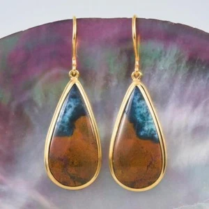 Earrings Multicolor Bacan Chrysocolla Cabochon & 18K Gold Vermeil Sterling 7.99g - Picture 1 of 12