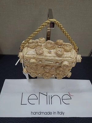 Nuevo Bolso LeNine Mini Algodón Natural Rafia Cristales Transparentes Crop Box Foto 1 de 4