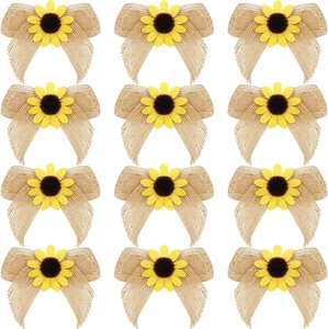 12 Pieces Sunflower Burlap Bow 3 Inch Summer Artificial Handmade Wreath Bow Fall - Picture 1 of 12