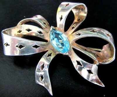 REJA Sterling Silver Heavy Blue Topaz Rhinestone Bow Vintage Pin Brooch - Image 1 of 4