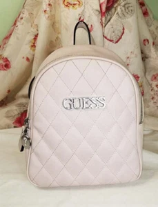 GUESS Logo Vegan Leather Quilted Backpack Handbag Purse*Blush Pink*Zip* Small - Picture 1 of 12