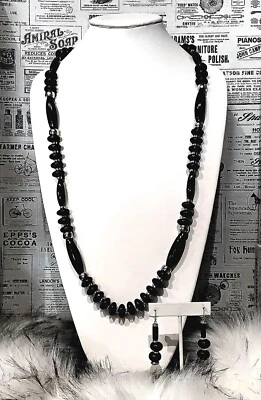 CHICO'S Increíble Negro Plata 40"L Lucita Collar Cuentas 2"1/4L Pendientes Ap4 Foto 1 de 4