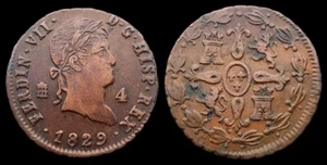 SPAIN COIN KM#489.2 FERNANDO VII 4 MARAVEDIS 1829 SEGOVIA CAL 183 COBRE ORIGINAL - Imagen 1 de 1