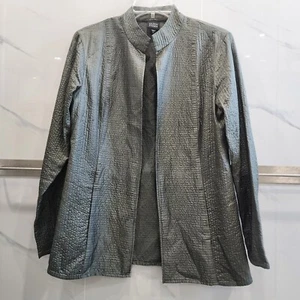EILEEN FISHER Jacket Sz Medium Metallic Olive Green 100% Tussah Silk Open Front - Picture 1 of 3