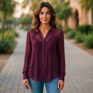 Rebecca Taylor Aztec Embroidered Purple Sheer Silk Long Sleeve Boho Top Sz 10 - Picture 1 of 11