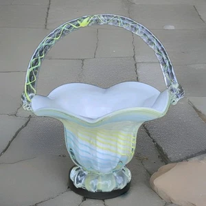 Block Crystal Cut Glass Art Hand Blown & Cut Basket Yellow Blue Green Stripe - Picture 1 of 14