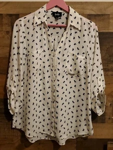By & By White & Black Cat Bluse Knopfleiste Lucky halbtransparent 3/4 Arm Gr. L LESEN - Bild 1 von 17