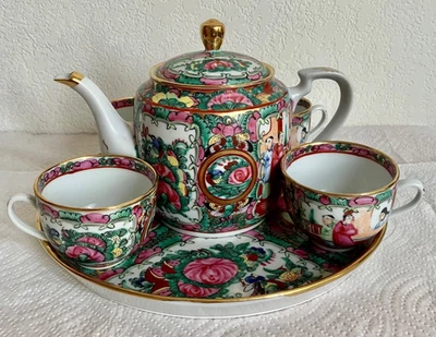 ANTIQUE ROSE MEDALLION CHINESE PORCELAIN FAMILLE 7 PIECE TEA SET - Image 1 of 4
