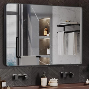 48 X 30 Inch Black Framed Bathroom Mirror Rounded Corner Tempered Glass Wall Mou - Picture 1 of 12