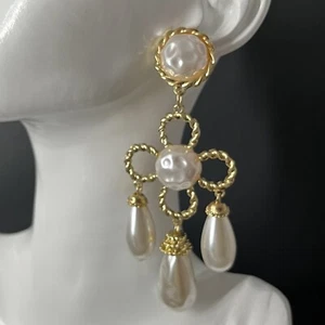 Faux Pearl Chandelier Earrings Pierced Gold Massive Long Oversized Vtg Runway - Picture 1 of 7
