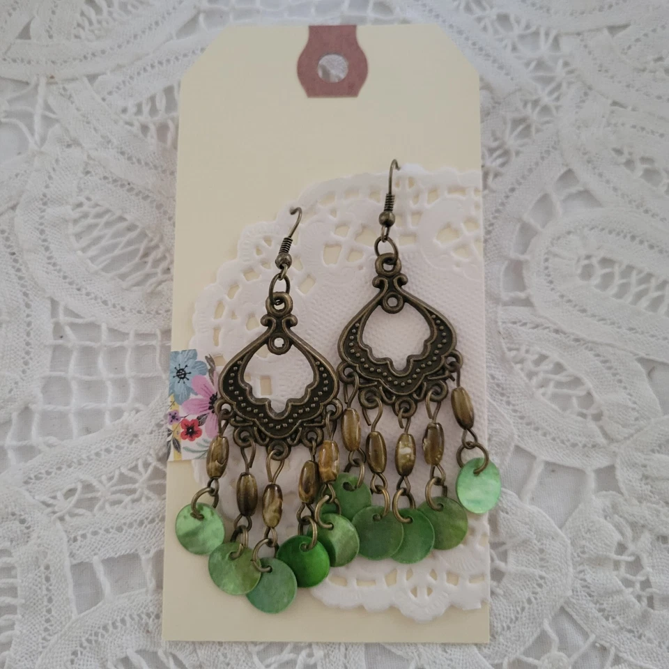 Зеленый перламутр бахрома бисер в бронзе подвеской серьги - Изображение 1 из 1