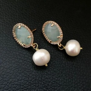 White Pearl Green Pink Deep Blue Aqua Blue Cat Eye Earrings - Picture 1 of 9