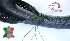 FOR RANGE ROVER L322 - BLACK PERF LEATHER STEERING WHEEL COVER DARK GREEN STIT - Picture 1 of 5