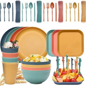 Wheat straw dinnerware sets 48Pcs Unbreakable DinnerwareSet Reusable Dishware - Picture 1 of 6
