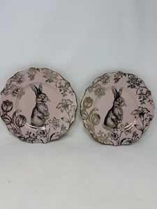 (2) 222 Fifth Pink Gold BUNNY HILL Rabbit Porcelain Salad Plates Easter 8.5" HTF - Picture 1 of 11