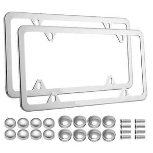 2Pcs Chrome Stainless Steel Metal License Plate Frame Tag Cover With Screw Caps - Picture 1 of 12