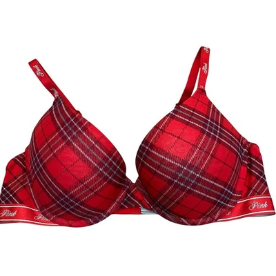 Victorias Secret Pink Wear Everywear Push Up Bra 36C Red Plaid Logo Holiday Wire - Image 1 of 4