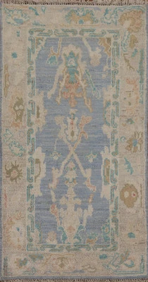 Hand-Knotted Unique Oushak Turkish Rug 2x4 Ft Blue Wool Carpet Transitional rug - Image 1 of 4