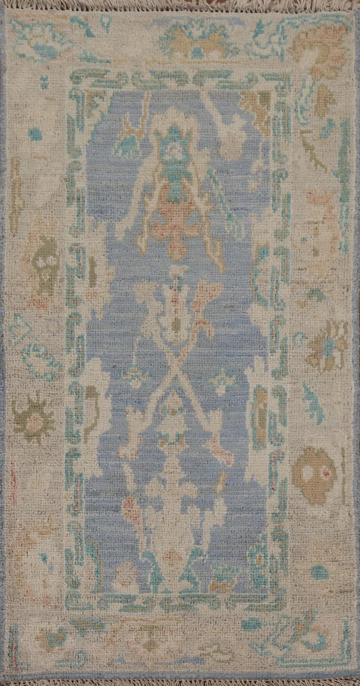 Hand-Knotted Unique Oushak Turkish Rug 2x4 Ft Blue Wool Carpet Transitional Rug - Image 1 of 4