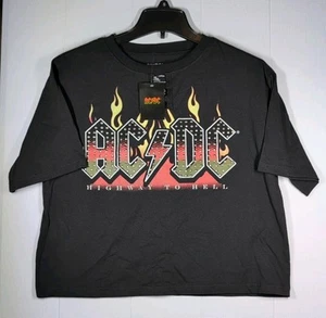 Womens Size L Black AC⚡DC Highway To Hell Crop Top T-Shirt Cotton Blend Rock  - Picture 1 of 5