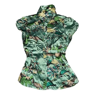 Y2K BCBG Max Azria Blouse Women's Size XS Green Floral Button Front Collared - Picture 1 of 7
