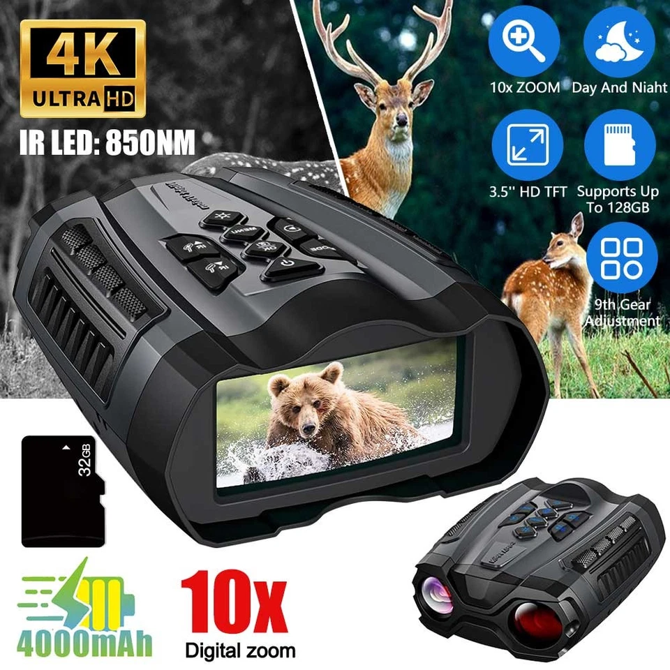 4K 36MP 10X Digital Zoom Night Vision Binoculars 300m Infrared W/ 32GB - Image 1 of 4