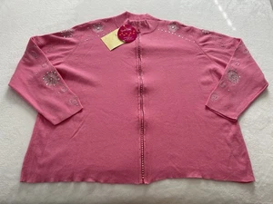 Quacker Factory Full Zip Embroidered Pink Silver Holiday Cardigan Sweater Sz 2X - Picture 1 of 12