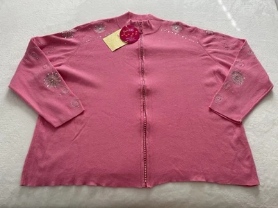 Quacker Factory Full Zip Embroidered Pink Silver Holiday Cardigan Sweater Sz 2X - Image 1 of 4