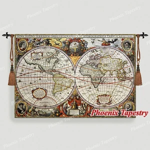 Large Antique Map Medieval Tapestry Wall Hanging, Cotton 100%, 55"x38" - Picture 1 of 11