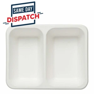 100 White Plastic Trays 2 Compartment Microwave Safe for Food Snacks Takeaway - Picture 1 of 2