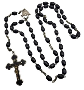 Vintage Pre-1949 Rosary Wood Black Beads Inlaid Metal Crucifix Pendant Germany - Picture 1 of 6