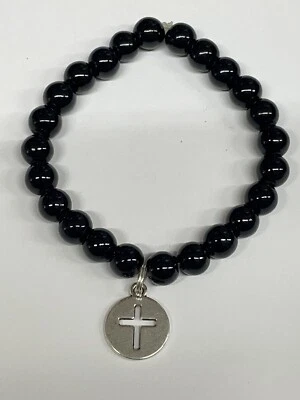 Silver Round Cross Black Pearl Stretch Bracelet Jewelry Handcrafted NEW - Image 1 of 4