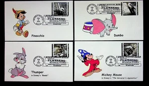 4 Film Disney FDC PMW Colorato a Mano 2003 Dumbo Thumper Pinocchio Topolino - Foto 1 di 2