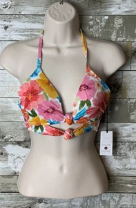 Shade & Shore Womens Floral Double Knot Halter Tie Bathing Suit Swimsuit Top 32B - Picture 1 of 3