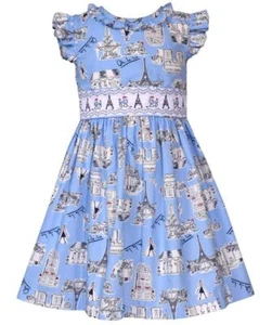 NEW Bonnie Jean Girls Size 4 "BLUE PARIS PRINT" Eiffel Poodle Smocked Dress NWT - Picture 1 of 5