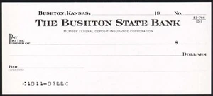 Vintage bank check THE BUSHTON STATE BANK Bushton Kansas new old stock n-mint+ - Picture 1 of 3