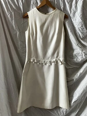 Melbray of London Vintage 60s White Linen Drop Beaded Waist Mod Dress Lined Sz S - Изображение 1 из 4
