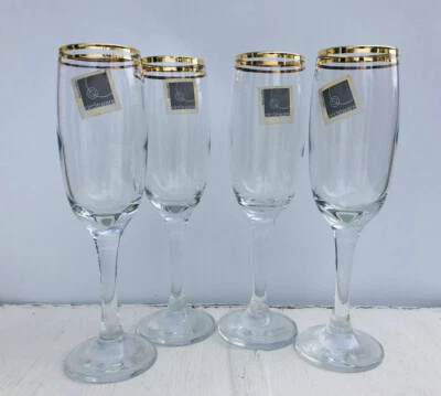 Conjunto vintage de 4 utensílios circulares 6 onças ouro duplo aro flautas de champanhe peru - Imagem 1 de 4