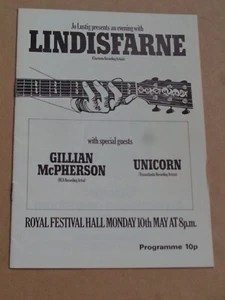 Lindisfarne 1971 Royal Festival Hall Programme (Gillian McPherson/Unicorn) - Picture 1 of 1
